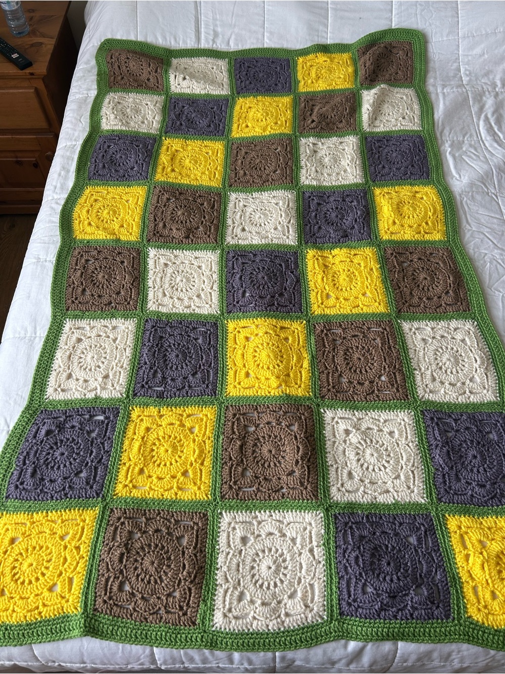 New! Handmade 62x36 Crochet Throw Blanket in Yellow, Cream, Gray, Brown